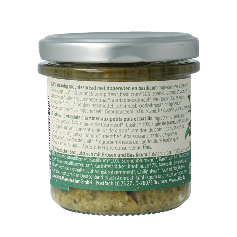Allos Broodbeleg 135 Gram Allos Farm vegetables doperwten & basilicum bio 135 Gram