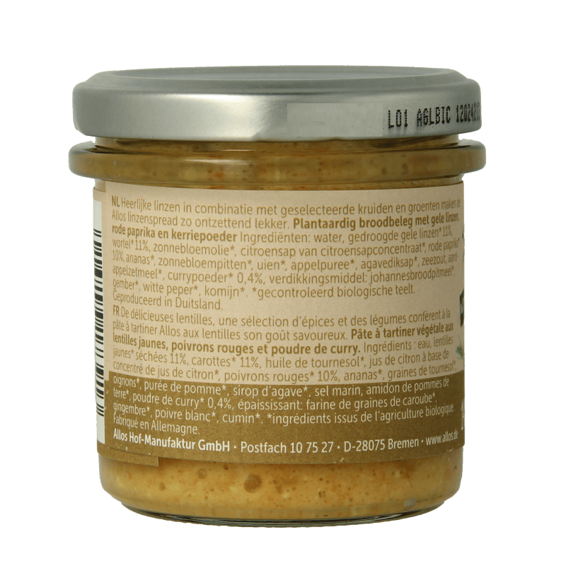 Allos Sauzen en Smaakmakers 140 Gram Allos Linzenspread gele curry bio 140 Gram