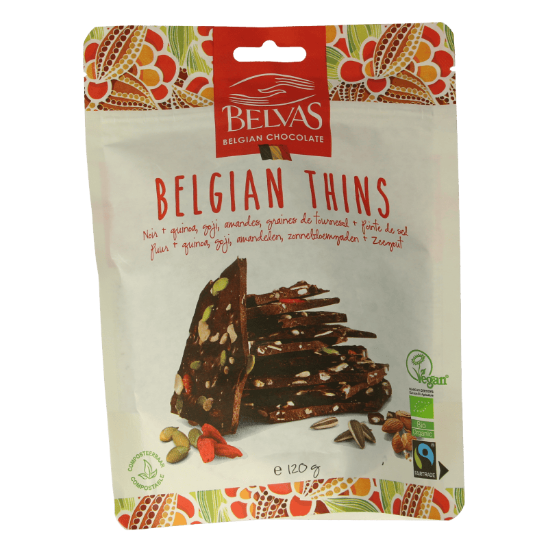 Belvas Chocolade 120 Gram Belvas Thins puur goji amandel bio 120 Gram