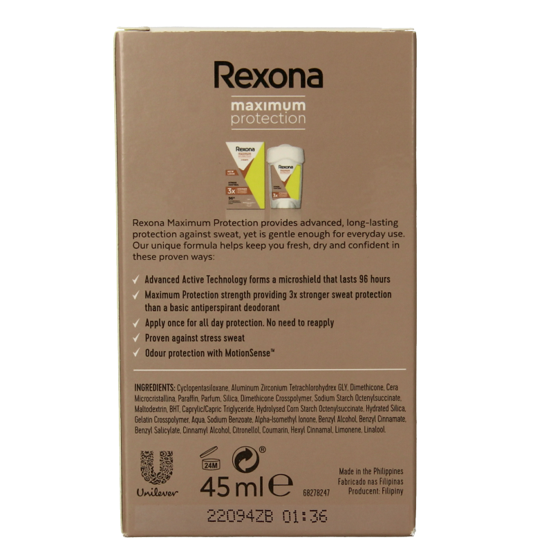 Rexona Deodorant 45 Milliliter Rexona Deodorant maximum protection stress control 45 Milliliter
