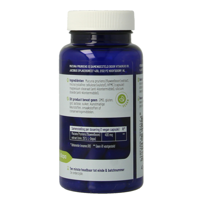 Vitakruid Kruidenpreparaten 60 Vegetarische capsules Vitakruid Mucuna pruriens 400mg minimaal 25% L-Dopa 60 Vegetarische capsules
