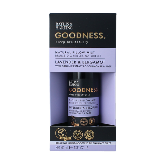 Baylis & Harding Goodness Sleep Pillow Mist with lavender and bergamot essential oils, 100ml, in a clear spray bottle.
