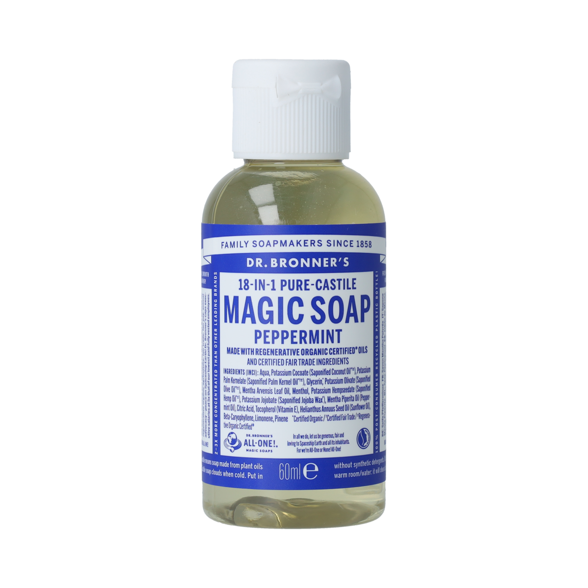 Dr Bronners peppermint liquid soap in a 60ml bottle, showing a clear plastic container with a white label and green peppermint design.