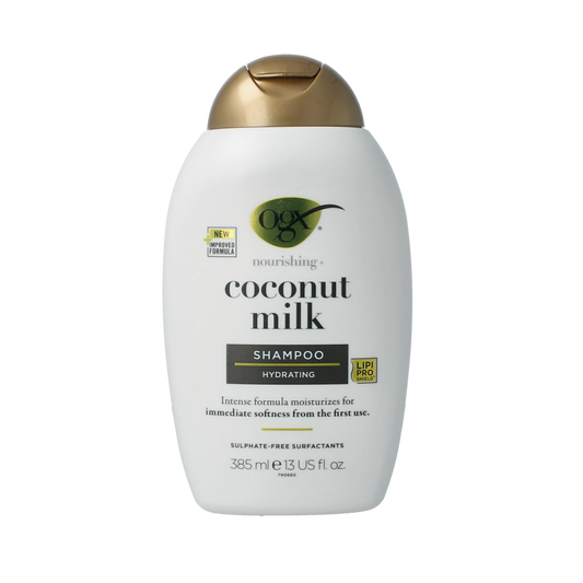 OGX Coconut Milk Nourishing Shampoo bottle, 385ml, hair care product with coconut milk for hydration and nourishment.