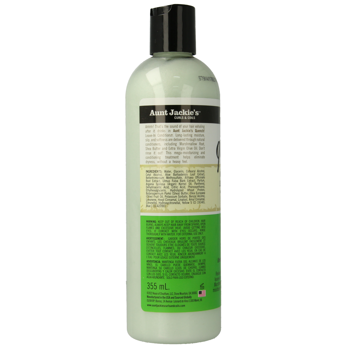 Aunt Jackie's Quench Conditioner in a 355ml bottle, hydrating hair care product for nourishing and moisturizing hair.