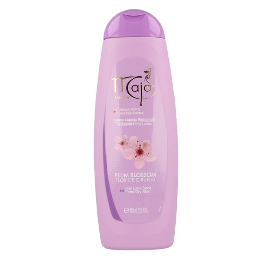 Maja Plum Blossom Body Lotion 400ml, creamy moisturizer in a white bottle with purple plum blossom design.