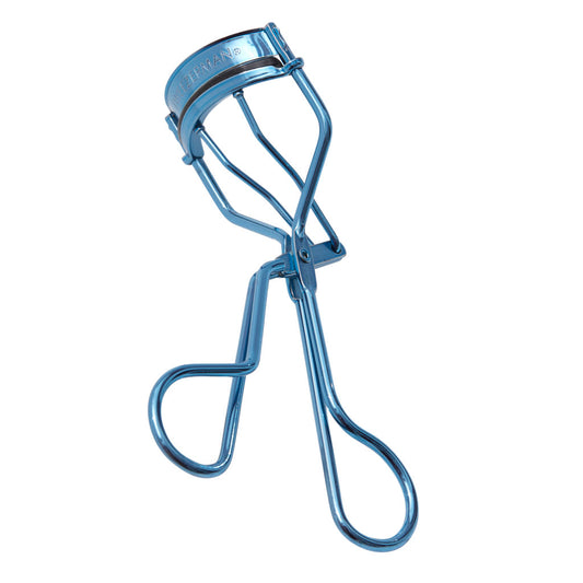 Tweezerman classic blue bell bottom eyelash curler in steel, with padded grip, designed for curling eyelashes.