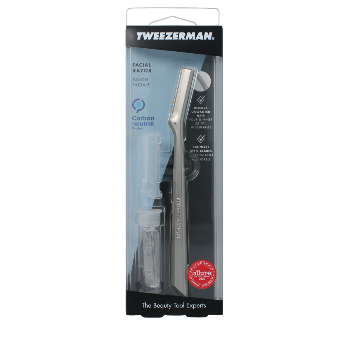 Tweezerman facial razor shown with a sleek stainless steel design, perfect for precise facial hair removal.