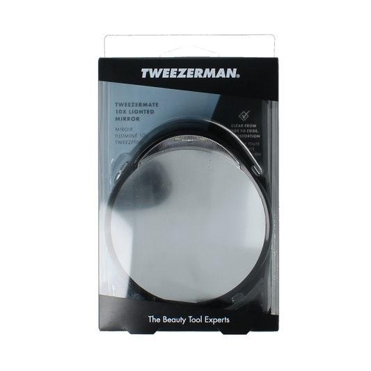 Tweezerman bathroom mirror with 10x magnification and built-in light, perfect for detailed grooming and makeup application.