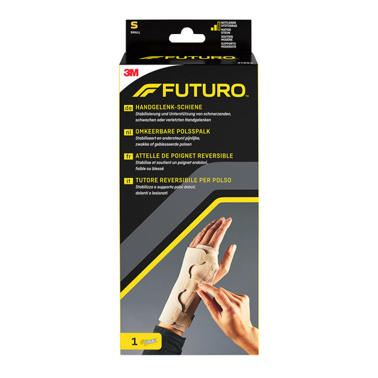 Futuro Omkeerbare Polsspalk Small for wrist support, adjustable brace, white with Velcro strap, designed for wrist stabilization.