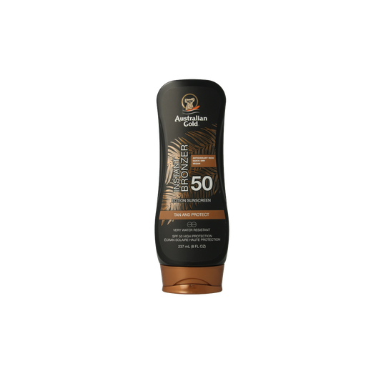 Australian Gold bronzer SPF50 lotion bottle with orange and gold packaging, labeled as Australian Gold Zonnen sunscreen.