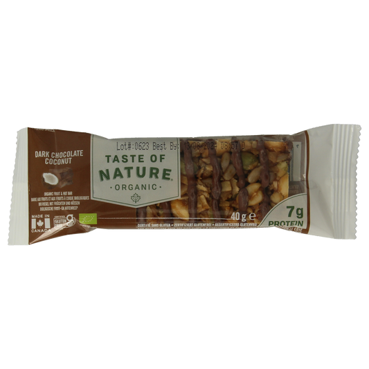 Taste Of Nature dark chocolate with coconut, organic 40g, close-up of chocolate bar showing coconut pieces and rich dark color.