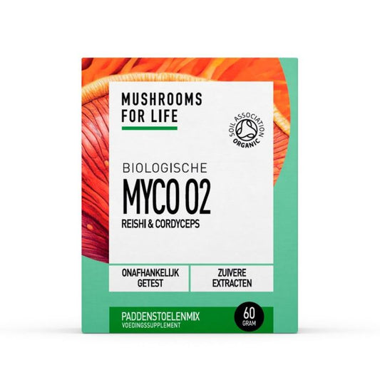Organic Mushrooms for Life Myco 02 powder in a 60g container, showcasing the herbal supplement's natural mushroom blend.
