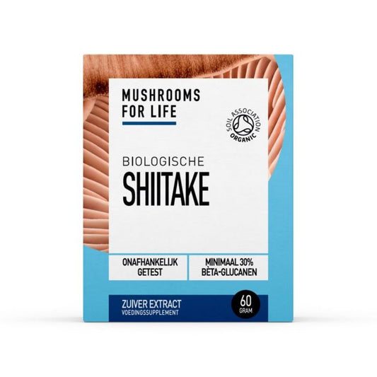 Organic Mushrooms for Life Shiitake powder in a 60g package, featuring dried shiitake mushroom slices in a natural setting.