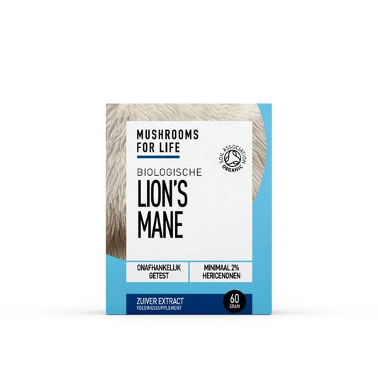 Organic Mushrooms for Life Lion's Mane powder in a 60g container, showing the brown mushroom powder and packaging.