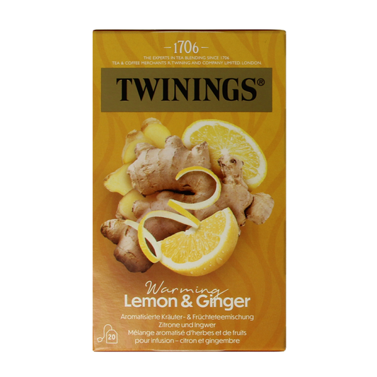 Twinings Citroen Gember tea bags, 20-count box, featuring lemon and ginger flavor in a colorful packaging.