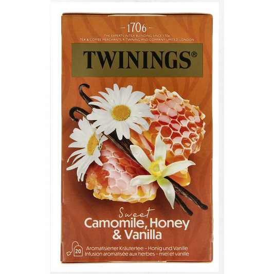 Twinings Kamille honing vanille tea bags, 20-count, with chamomile and vanilla flavor in a box.