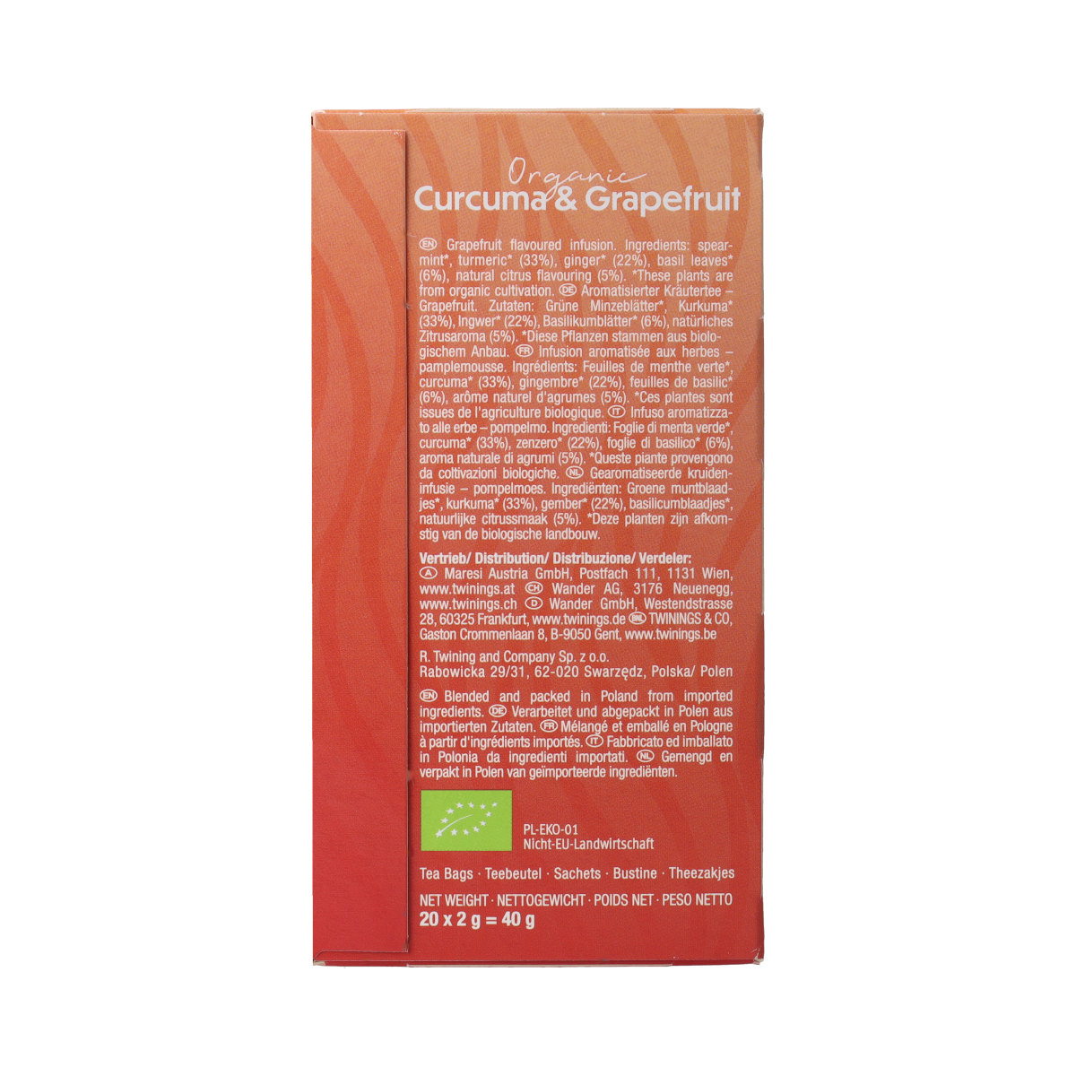 Twinings bio turmeric and grapefruit tea bags, 20-pack, featuring vibrant tea infusions with natural ingredients.