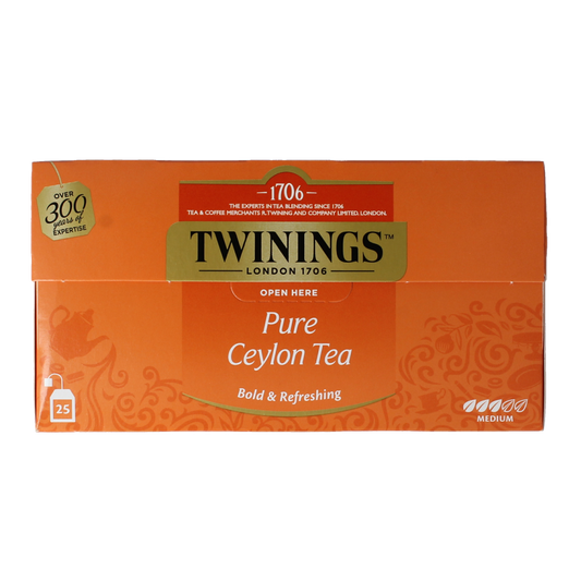 Twinings Pure Ceylon Tea box with 25 tea bags, showcasing the packaging and Twinings branding for tea enthusiasts.
