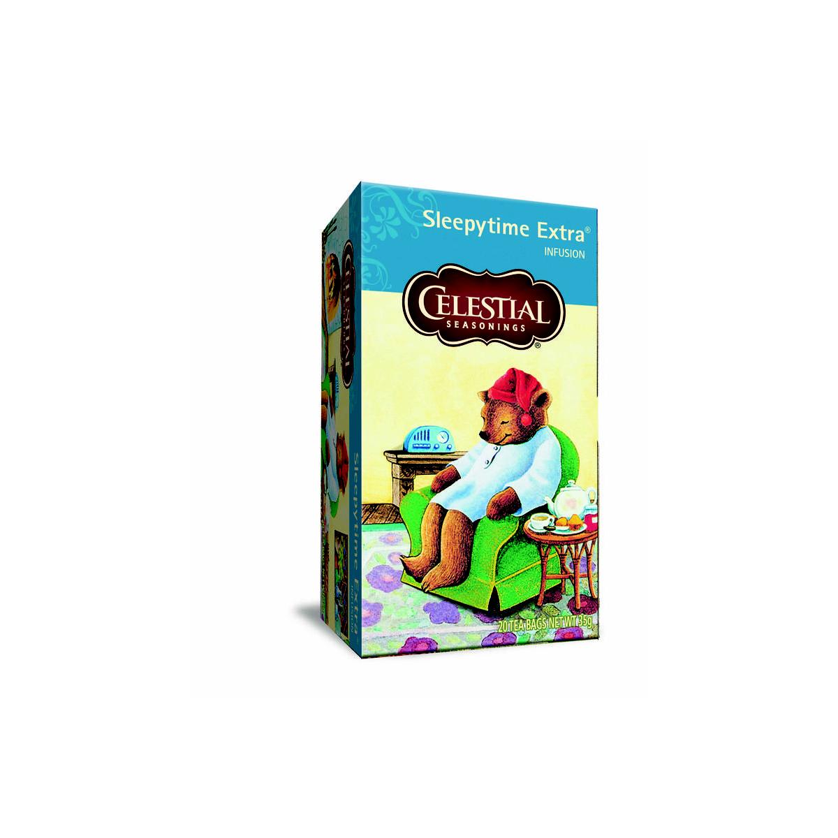 Celestial Season Sleepytime Extra wellness tea box with 20 tea bags, featuring calming herbal blend in a green packaging.