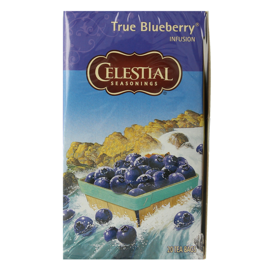 Celestial Seasonings blueberry herbal tea in a box with 20 tea bags, featuring fresh blueberry and herbal ingredients.