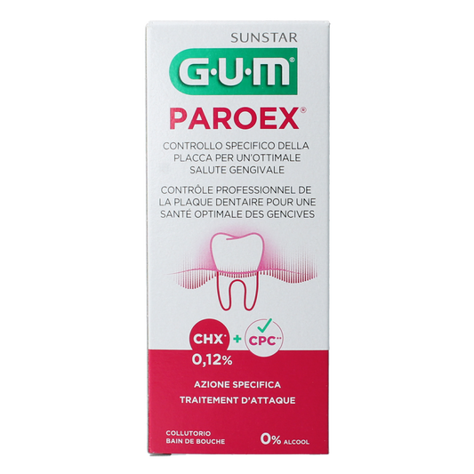 GUM Paroex mouth rinse in a 300ml bottle, antiseptic mouthwash for oral health and gum care.