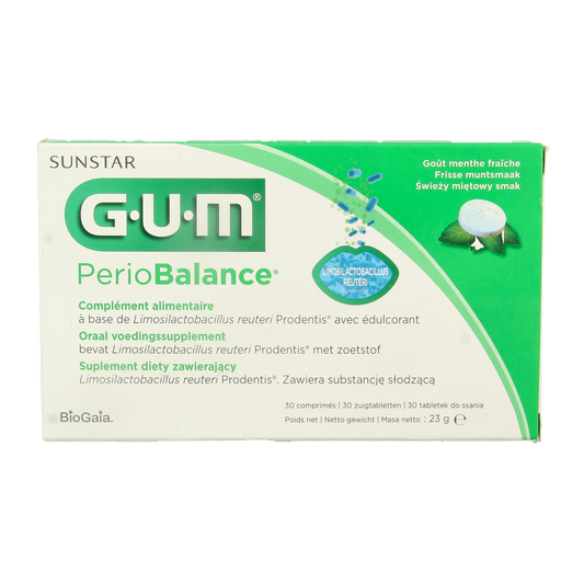 GUM Periobalance 30.00 micro-organism pastilles in a clear container, showing the small, round tablets for oral health.