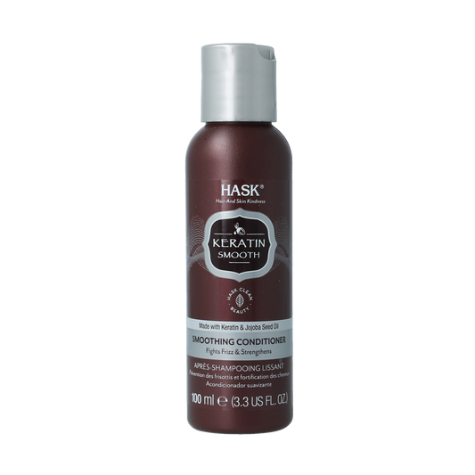 HASK Keratin protein smoothing conditioner travel size, 100ml, for hair care, in a clear bottle with a white cap.