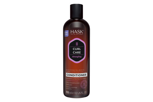 HASK Curl Care Detangling Conditioner bottle, 355ml, with a white cap and label, designed for curly hair care.
