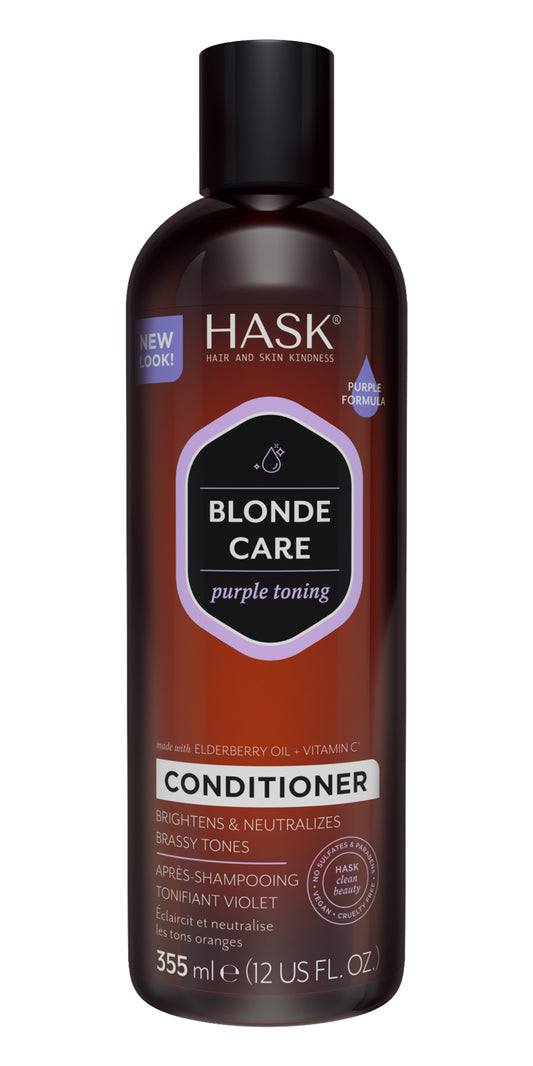 HASK Blonde Care Conditioner with purple toning for blonde hair, 355ml bottle, creamy formula, designed to neutralize brassy tones.