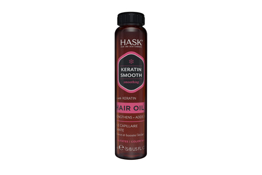 HASK Keratin protein smoothing shine hair oil in 18ml bottle, nourishing hair care product with a sleek design and golden label.