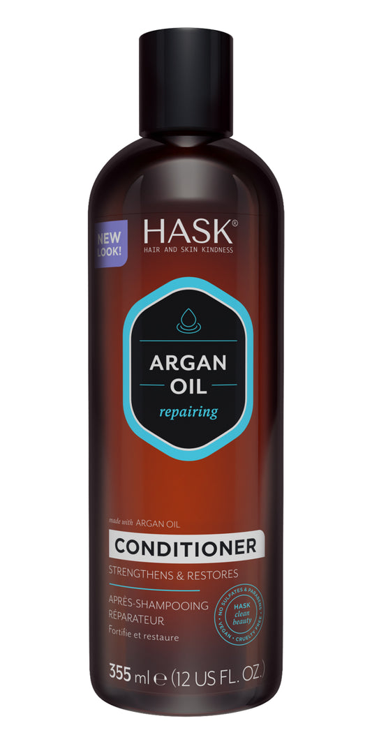 HASK Argan Oil Repair Conditioner bottle for hair care, 355ml, with a sleek white and orange packaging design.