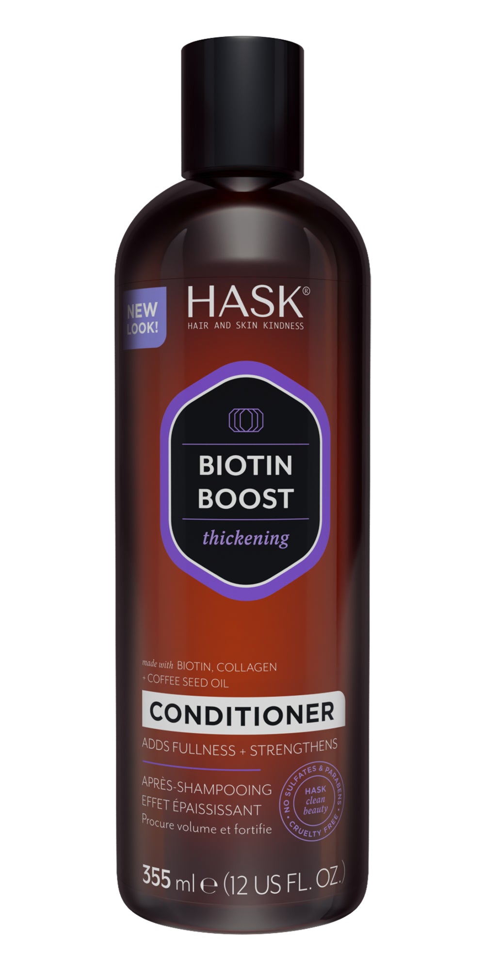 HASK Biotin Boost thickening conditioner bottle for hair care, displayed with a white pump dispenser and colorful branding.