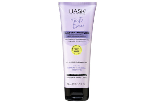 HASK Twist Tamer leave-in conditioner for hair, 198ml bottle, promoting smooth, manageable curls and frizz control.
