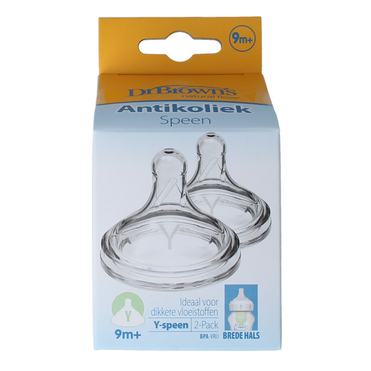 Set of two Dr. Brown's Options+ Y-shaped wide-neck baby bottles and nipples, made of durable, BPA-free plastic.
