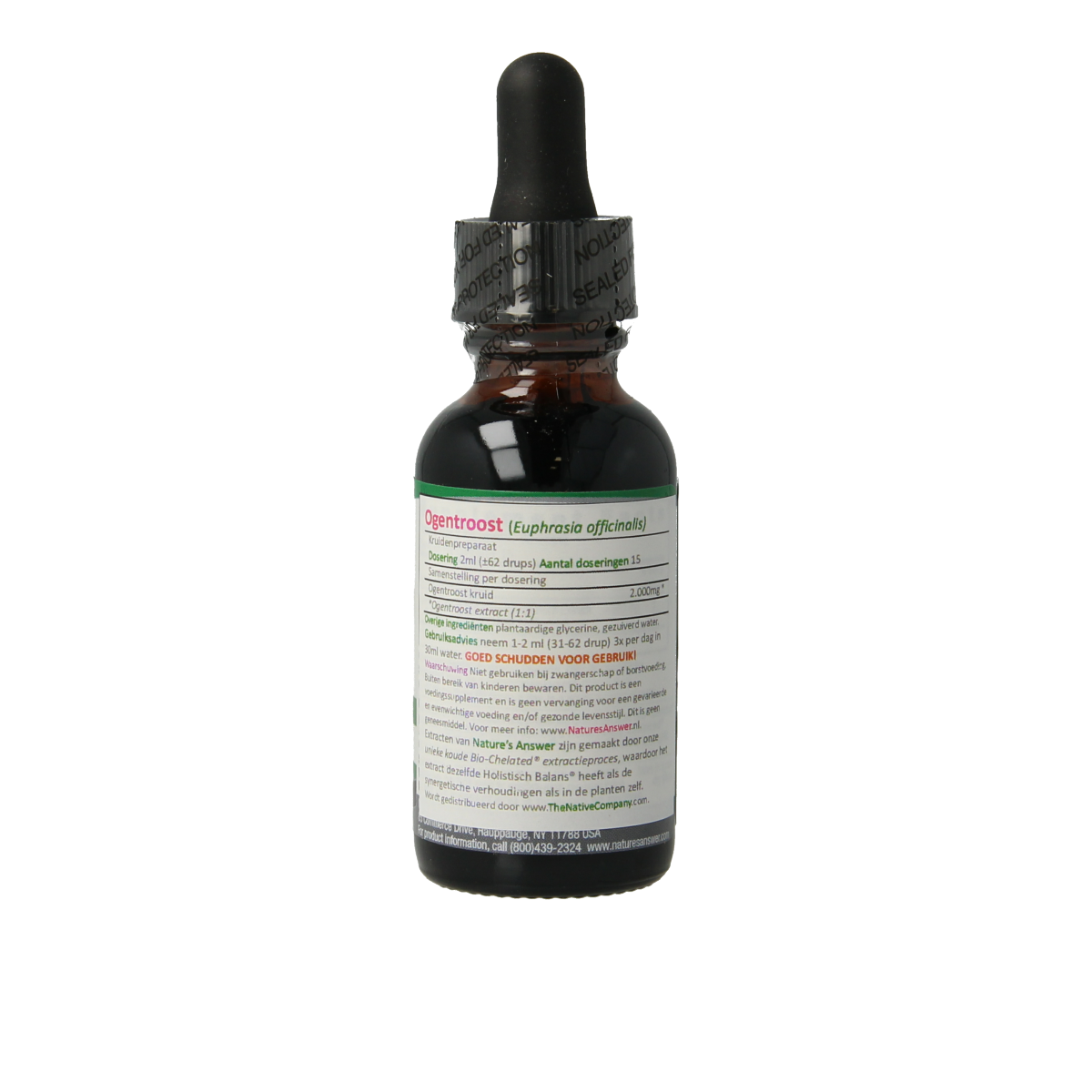 Bottle of Natures Answer Ogentroost alcohol-free herbal extract, 30ml, in a clear glass container with a label.