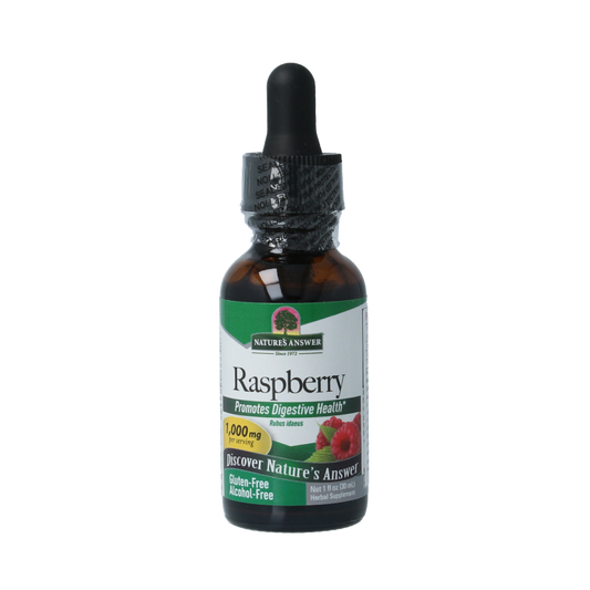 Natures Answer Frambozenblad extract in a 30ml bottle, natural herbal supplement with alcohol-free formula, shown in the image.