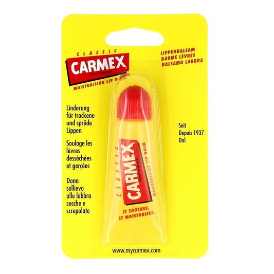 Carmex lip balm in a classic 10g tube, moisturizing lip care product with a smooth, protective formula.