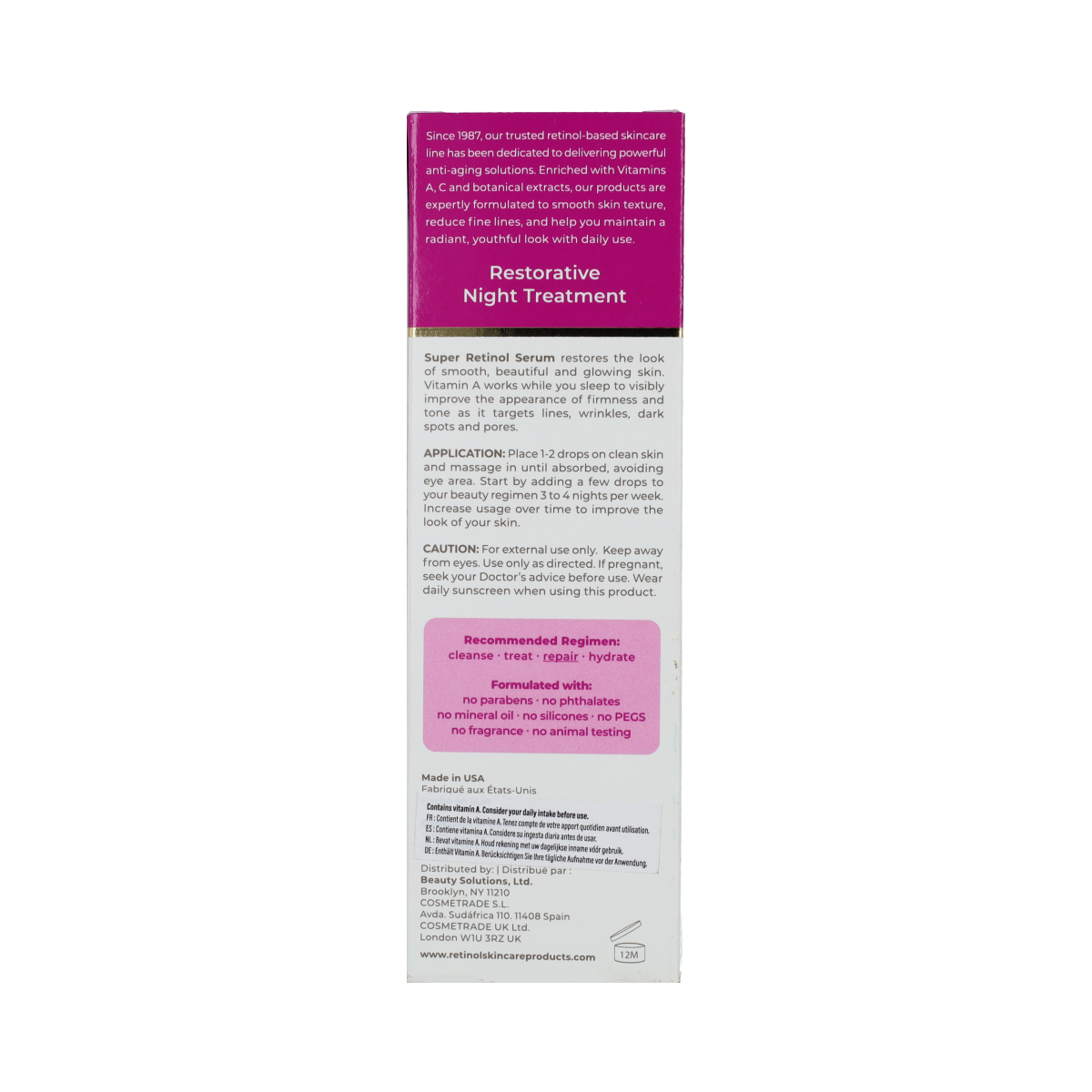 Retinol Super Serum 30ml for facial skincare, smooths and hydrates skin with retinol in a clear bottle.