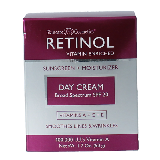 Retinol Day Cream SPF20 in 48g jar, facial skincare product with retinol for daily sun protection and skin nourishment.