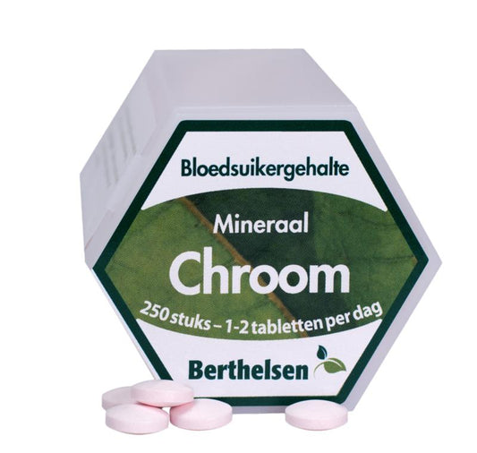 Berthelsen mineral supplement picolinaat 62.5mcg 250 tablets in blister pack, showing the tablet surface and packaging.