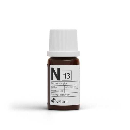 SanoPharm N Complex 13 herbal supplement in a 10ml bottle, part of SanoPharm's kruidenpreparaten product line.