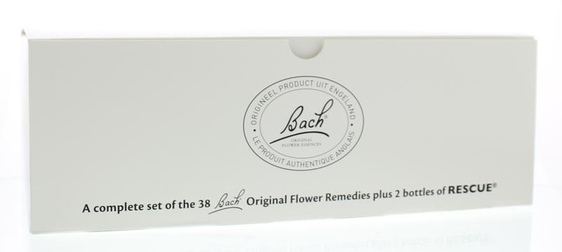 Bach Bloesemremedies set 20ml bottles, herbal preparations from Bach, displayed in a natural setting with multiple small bottles.