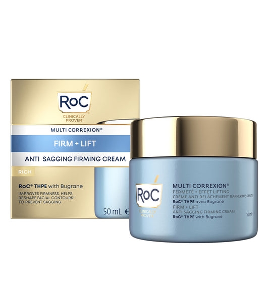 ROC Multi CorreXion firming cream jar showing the 50ml container for anti-sag facial skin care.