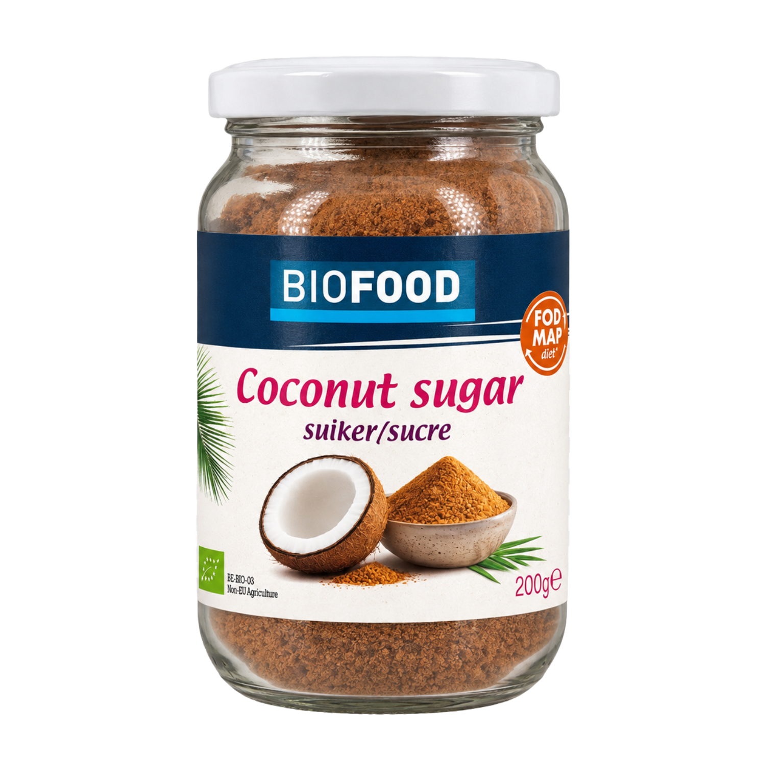 Biofood Coconut Sugar bio, 200g, natural sweetener with granulated brown coconut sugar on a white background.