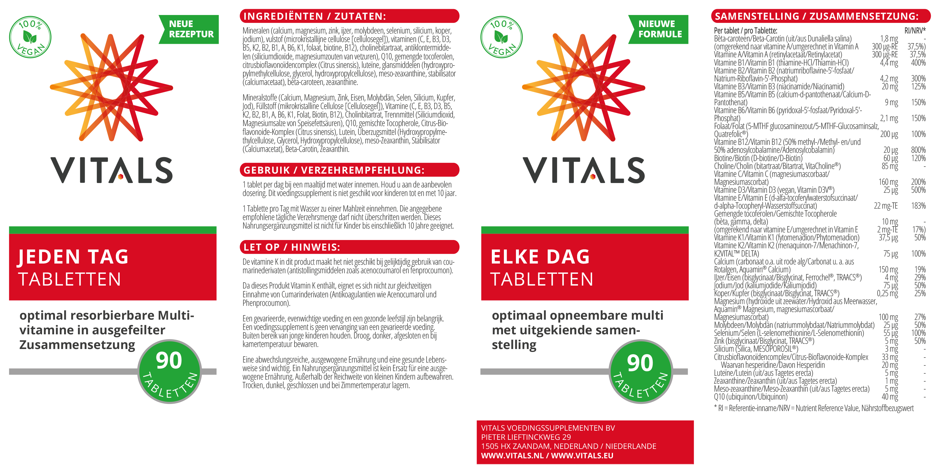 Vitals Elke Dag multivitamin tablets in a bottle, showing 90 daily supplement tablets for overall health and wellness.