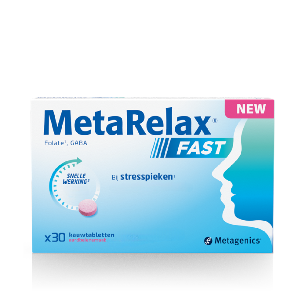 Metagenics MetaRelax Fast 30 chewable tablets, dietary supplement with herbal ingredients for relaxation and stress relief.