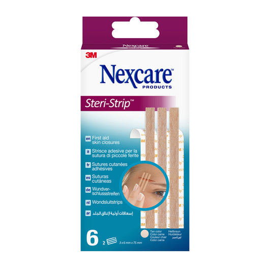 Nexcare Steri-Strip skin-colored wound closure strips, 6-pack, thin adhesive bandages for minor cuts and wounds.
