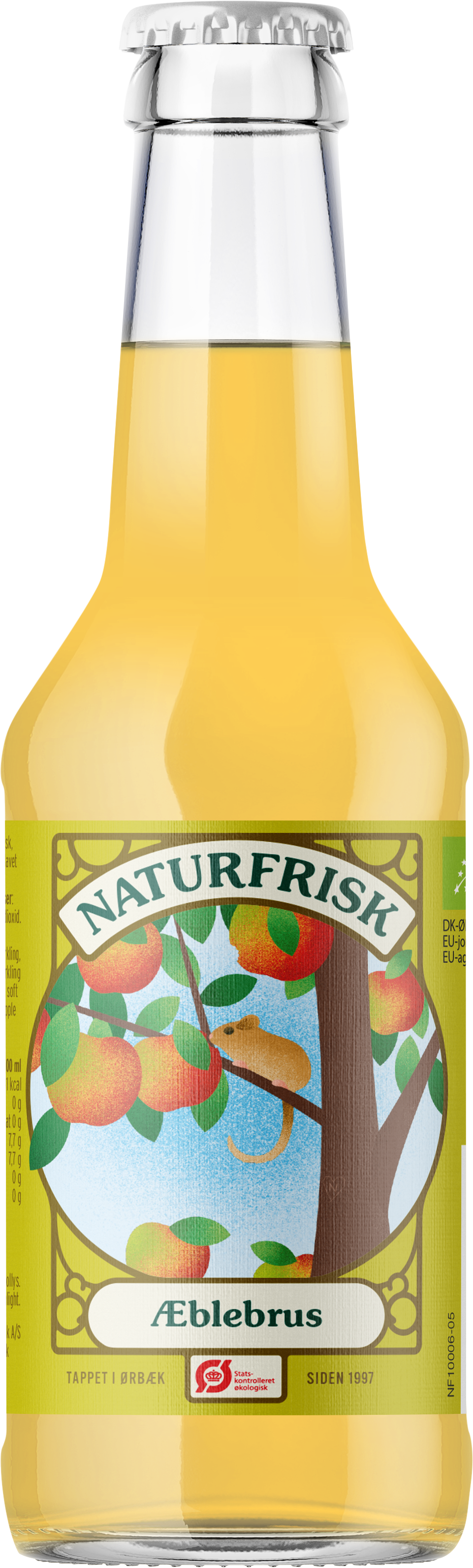 Bottle of Naturfrisk Apple BIO juice, 250ml, natural apple drink in a clear plastic bottle with a label and cap.