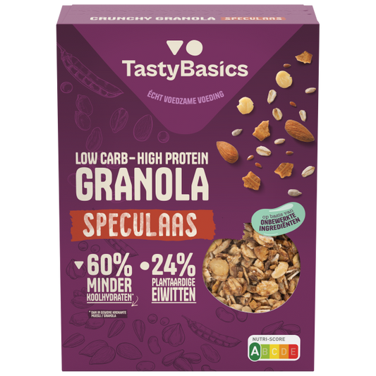 TastyBasics speculaas granola in a package of six, featuring crunchy granola with spiced speculaas flavor.